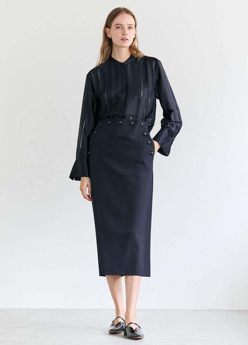 珠光條紋亨利領襯衫